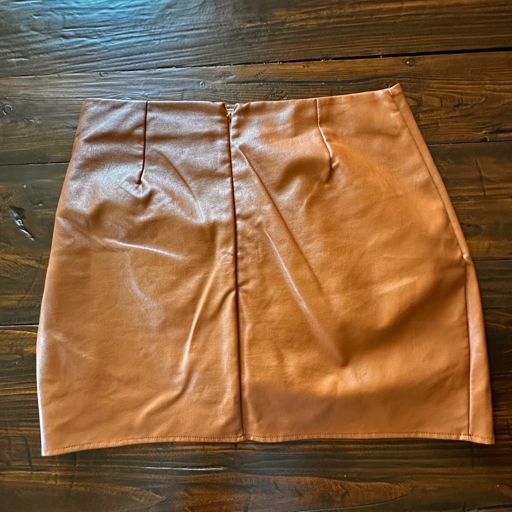 Cognac Faux Leather Mini Skirt Ruched Tulip Hem High Waisted Brown Vegan Leather - Picture 3 of 8